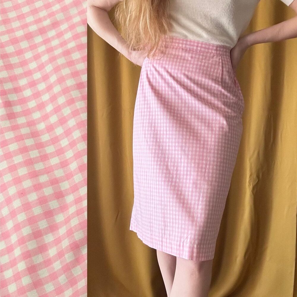 1960s Pink Gingham Knee Length Skirt, High Waisted Pencil Skirt, Size Medium 28"
